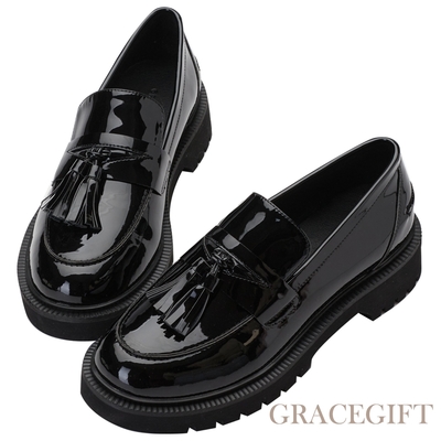 【Grace Gift】 質感流蘇圓頭樂福鞋 黑漆