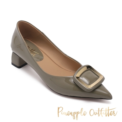Pineapple-Outfitter-GIBBS-真皮金屬方釦鏡面低跟鞋-墨綠色