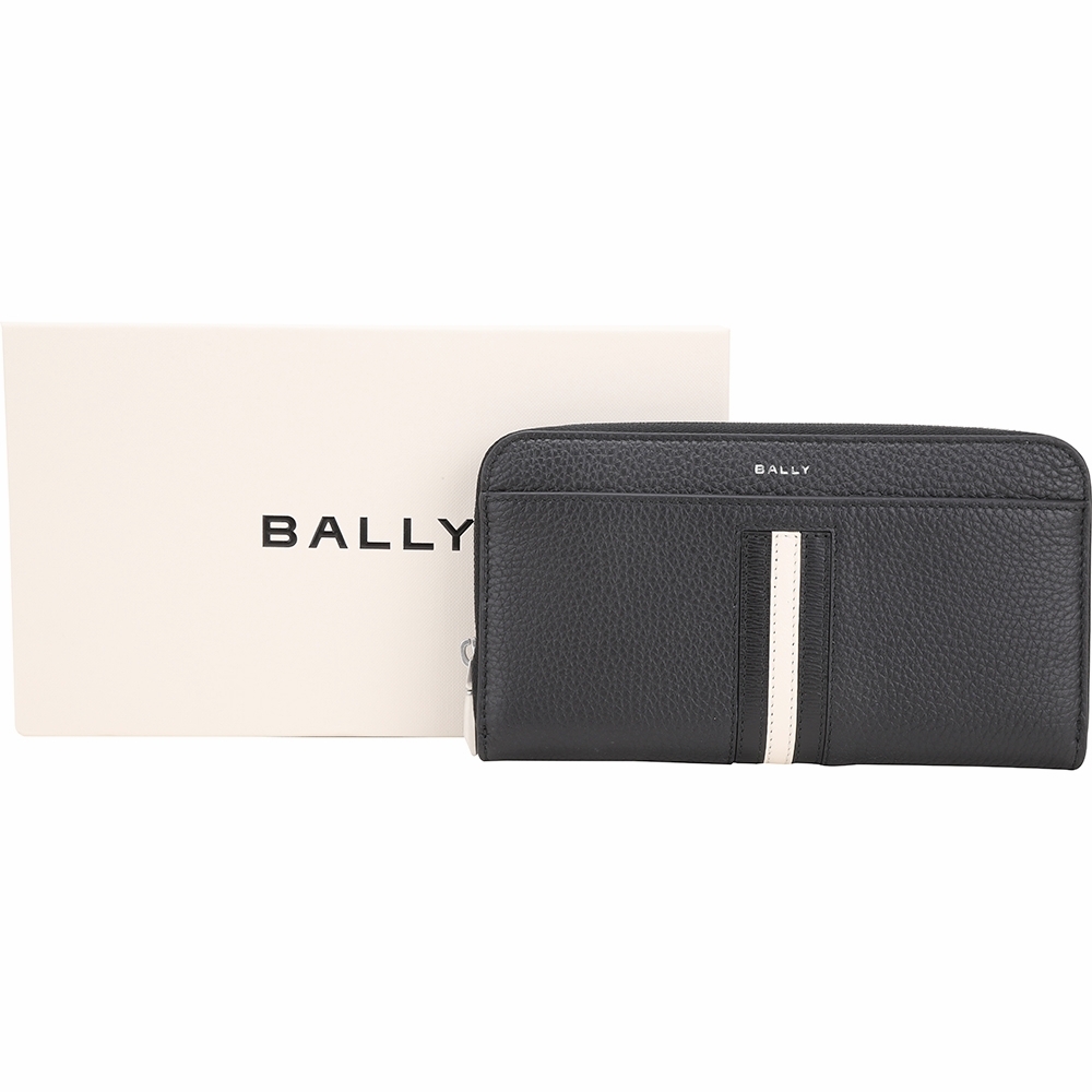 BALLY Ribbon 條紋拼接粒面牛皮拉鍊長夾(黑色)