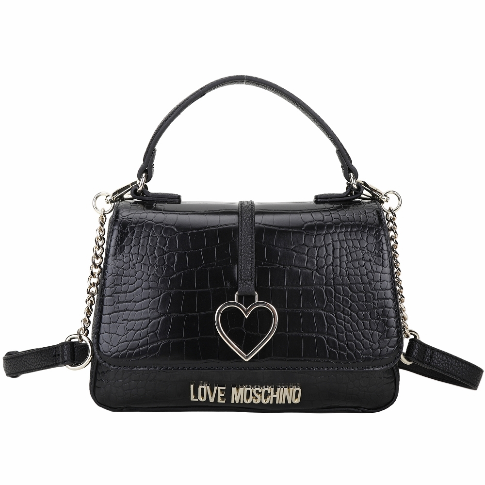 LOVE MOSCHINO 愛心金屬字母壓紋皮革翻蓋手提/斜背包(黑色)