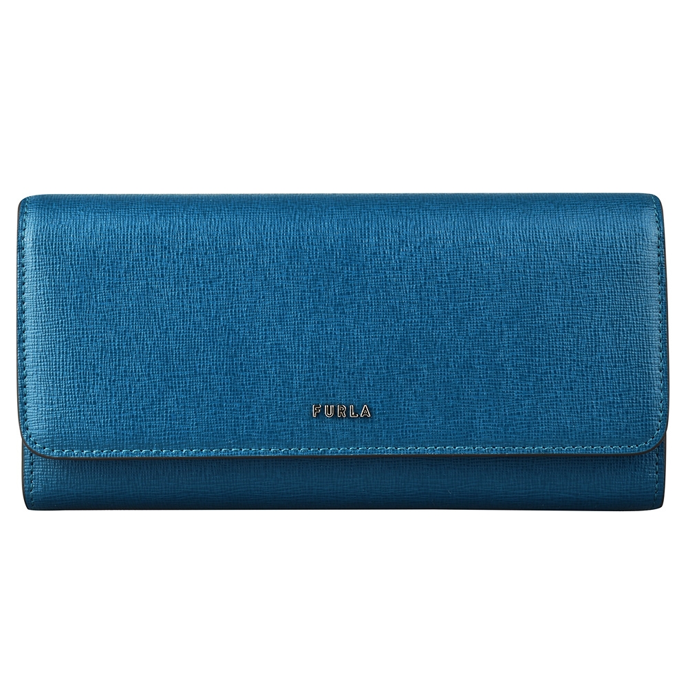 FURLA BABYLON金字LOGO防刮牛皮12卡釦式長夾(孔雀藍x芭蕾粉)