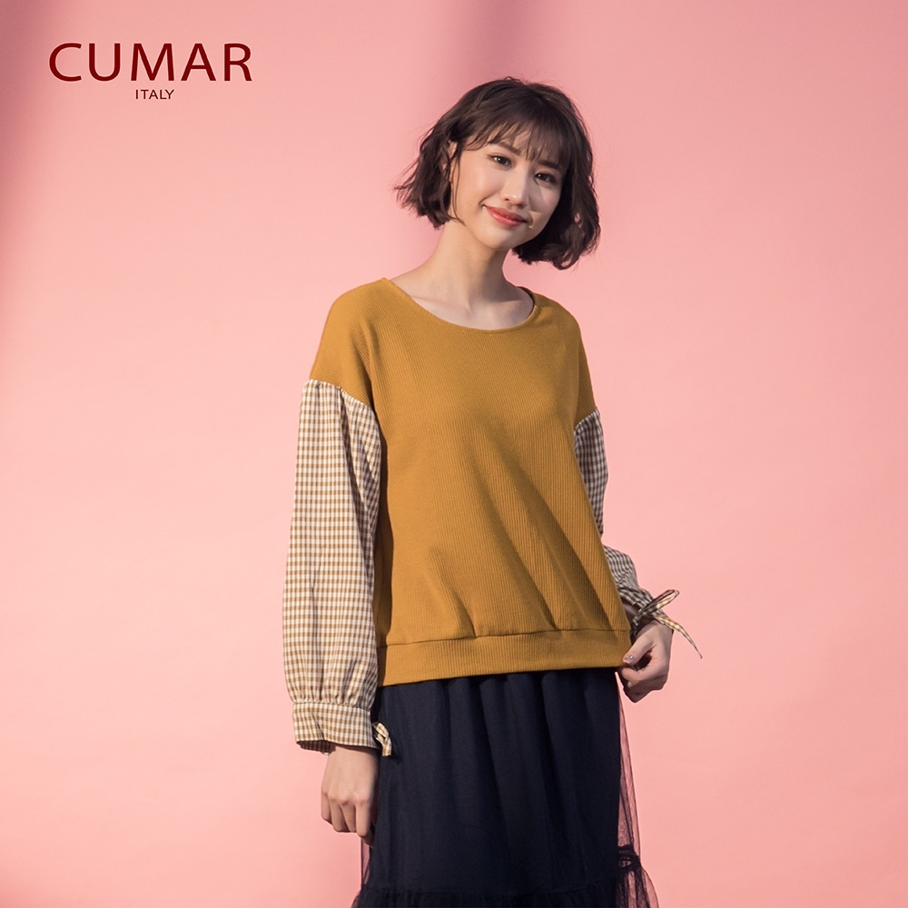 【CUMAR】舒適圓領拼接女長袖-上衣(二色)