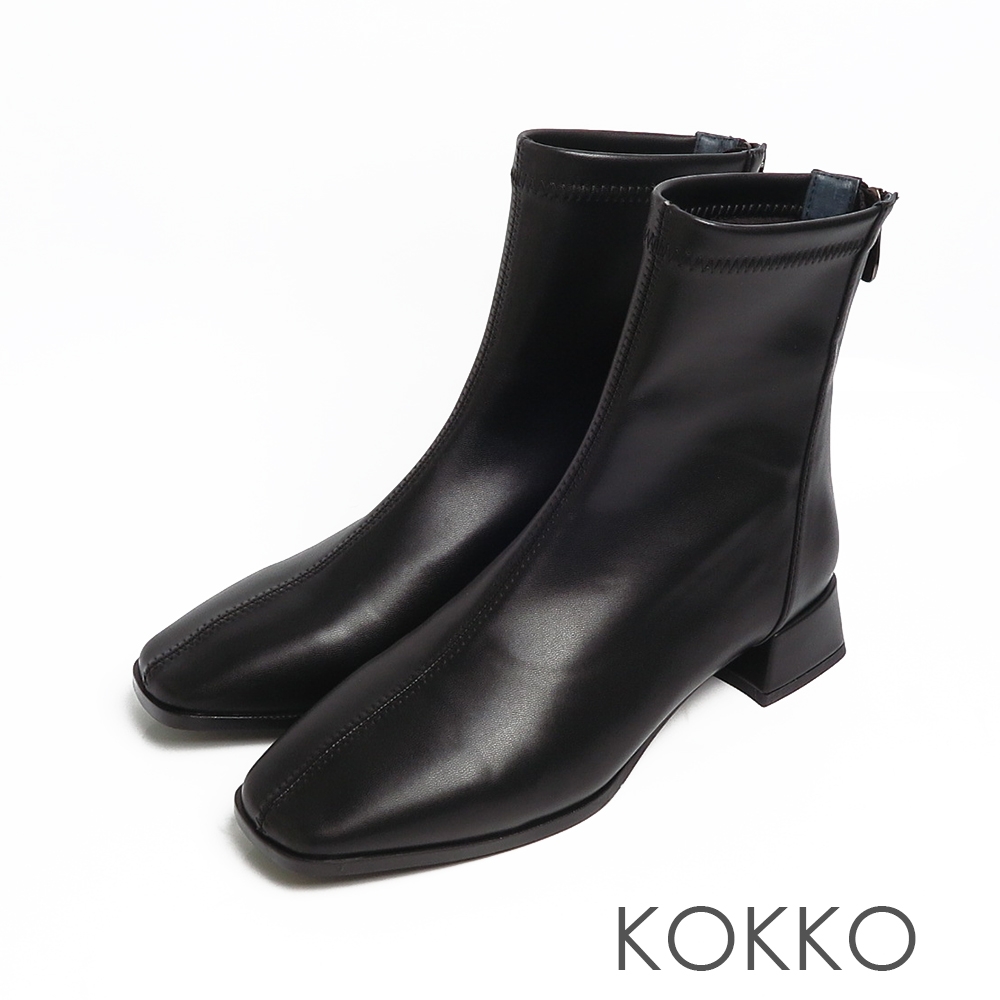 KOKKO超顯瘦霧面尖頭麂皮絨粗跟踝短靴黑色