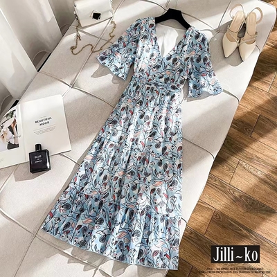 JILLI-KO V領插畫碎花高腰顯瘦桔梗連衣裙- 藍色