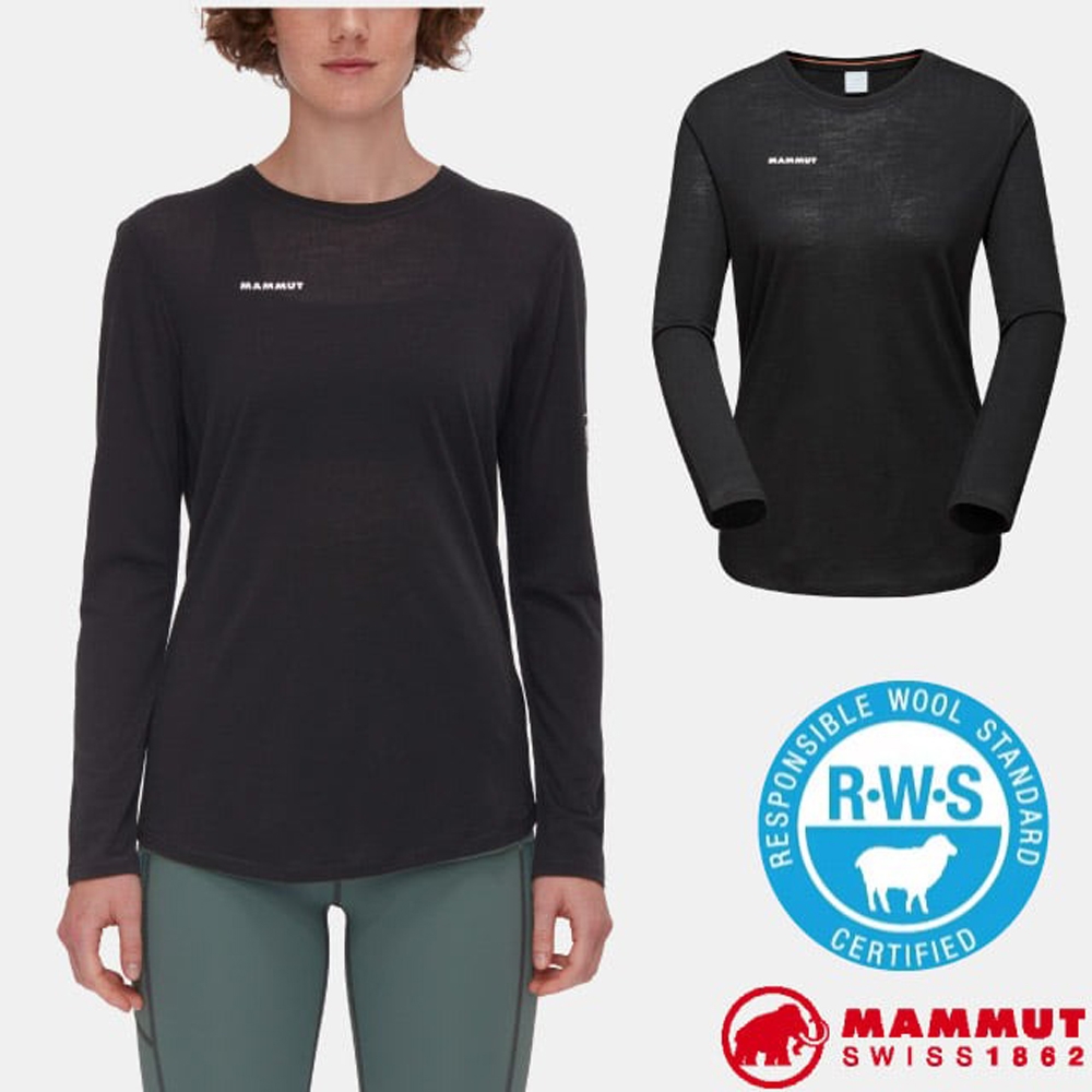 【MAMMUT 長毛象】女 Tree Wool FL Longsleeve Women 羊毛混紡快乾抗臭長袖T恤.上衣_1016-01700-0001 黑色