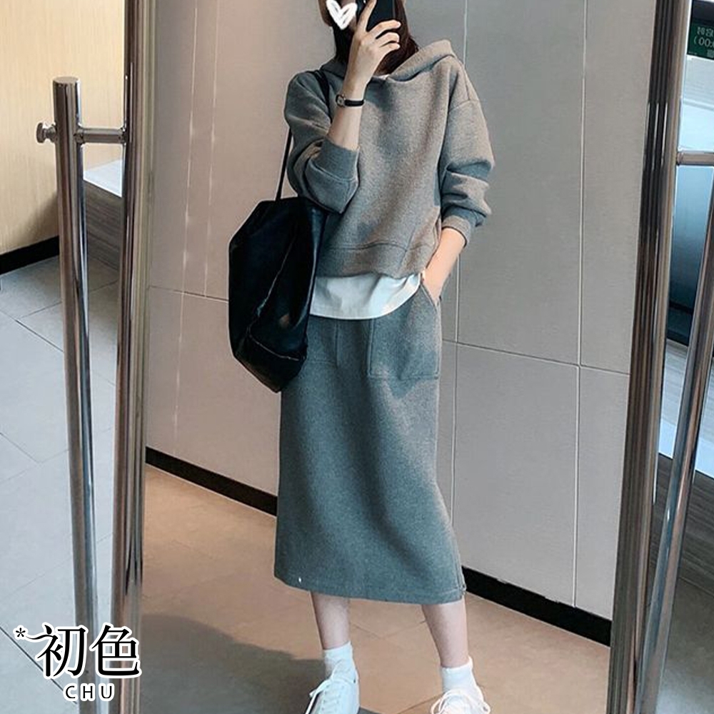 【絕版品出清】初色 長袖連帽兩件式素色裙套裝-灰色-66806(M-XL可選)