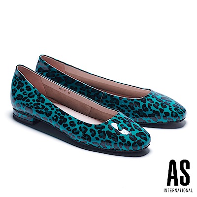 低跟鞋 AS 玩色豹紋超軟牛漆皮方頭低跟鞋－綠