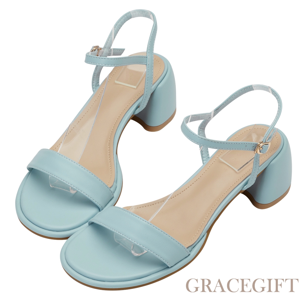【Grace Gift】甜美圓頭繞踝中跟涼鞋  淺藍