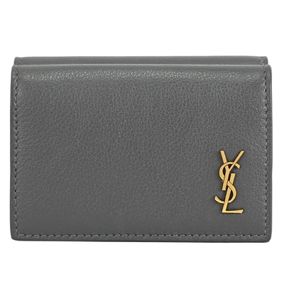 YSL Saint Laurent 金屬LOGO質感牛皮三折式零錢小短夾(灰/金)