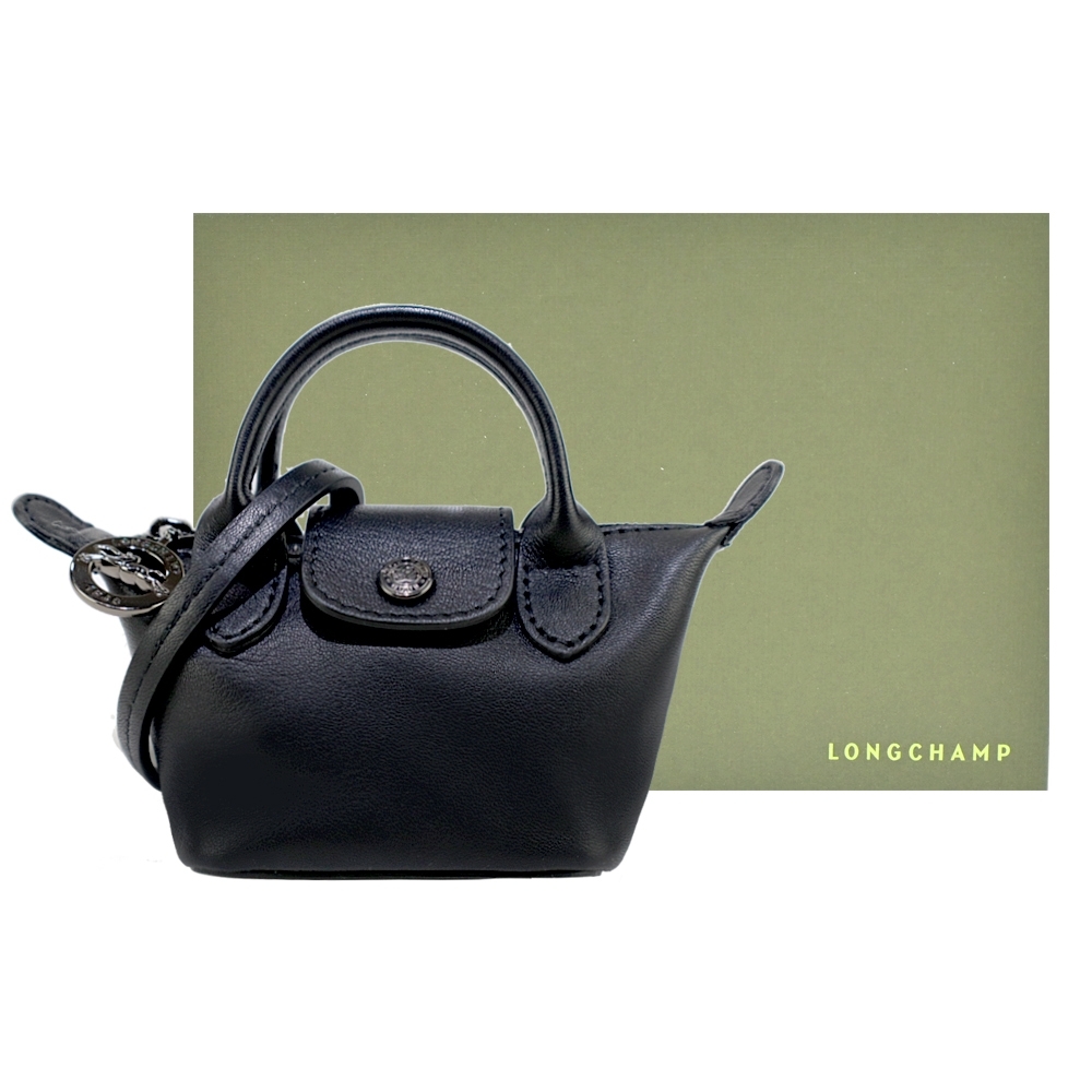 LONGCHAMP LE MINI PLIAGE CUIR系列小羊皮短把斜背水餃包(超迷你/黑)