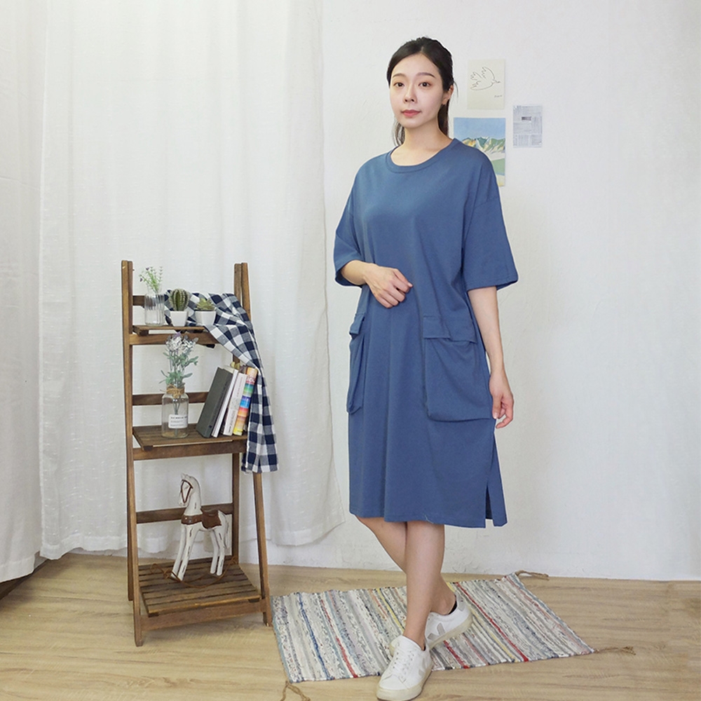 Hana-Mokuba花木馬日系女裝寬鬆落肩立體大口袋休閒長版T恤洋裝_藍/灰