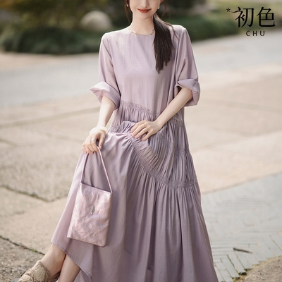 初色 簡約風純色圓領五分短袖中長裙連衣裙連身洋裝長洋裝-共2色-33816(M-XL可選)