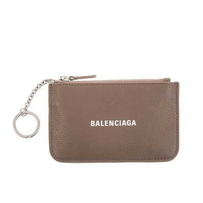 BALENCIAGA 巴黎世家 經典品牌LOGO牛皮拉鍊鑰匙鎖扣零錢包 (卡其色)