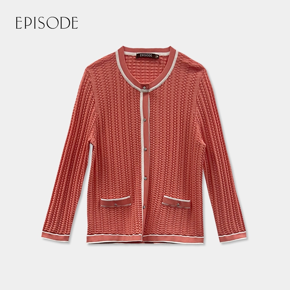 EPISODE - 珊瑚紅編織紋鑲邊圓領長袖針織開衫外套