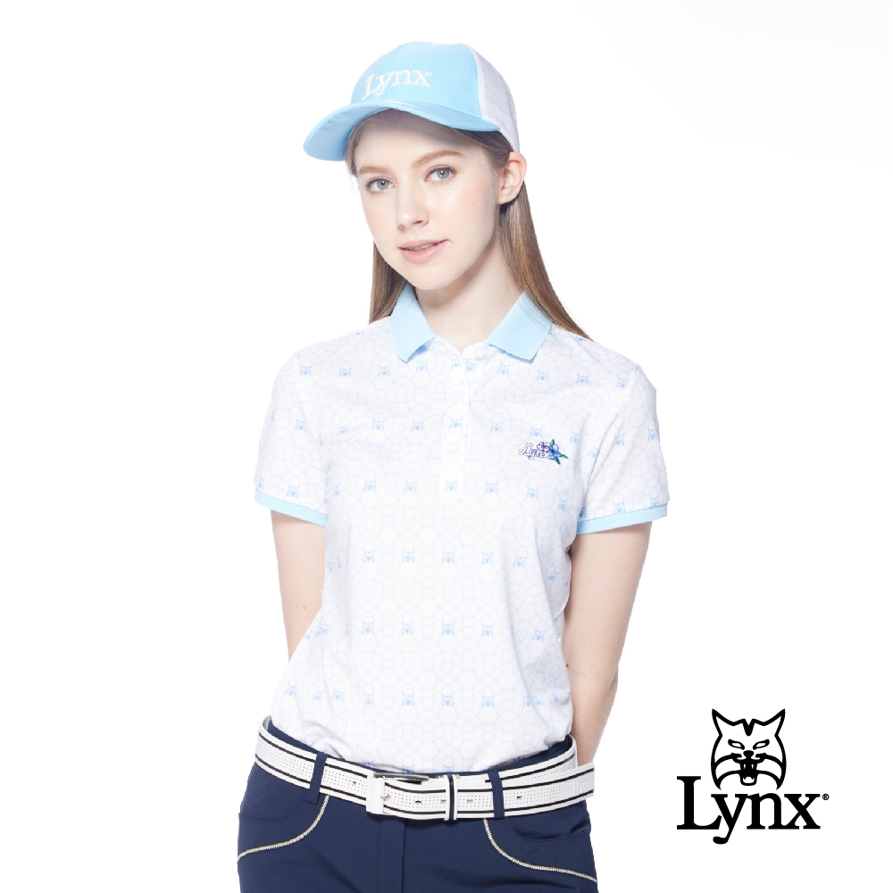 【Lynx Golf】女款吸排抗UV合身版山貓多邊形印花短袖POLO衫/高爾夫球衫-淺藍色