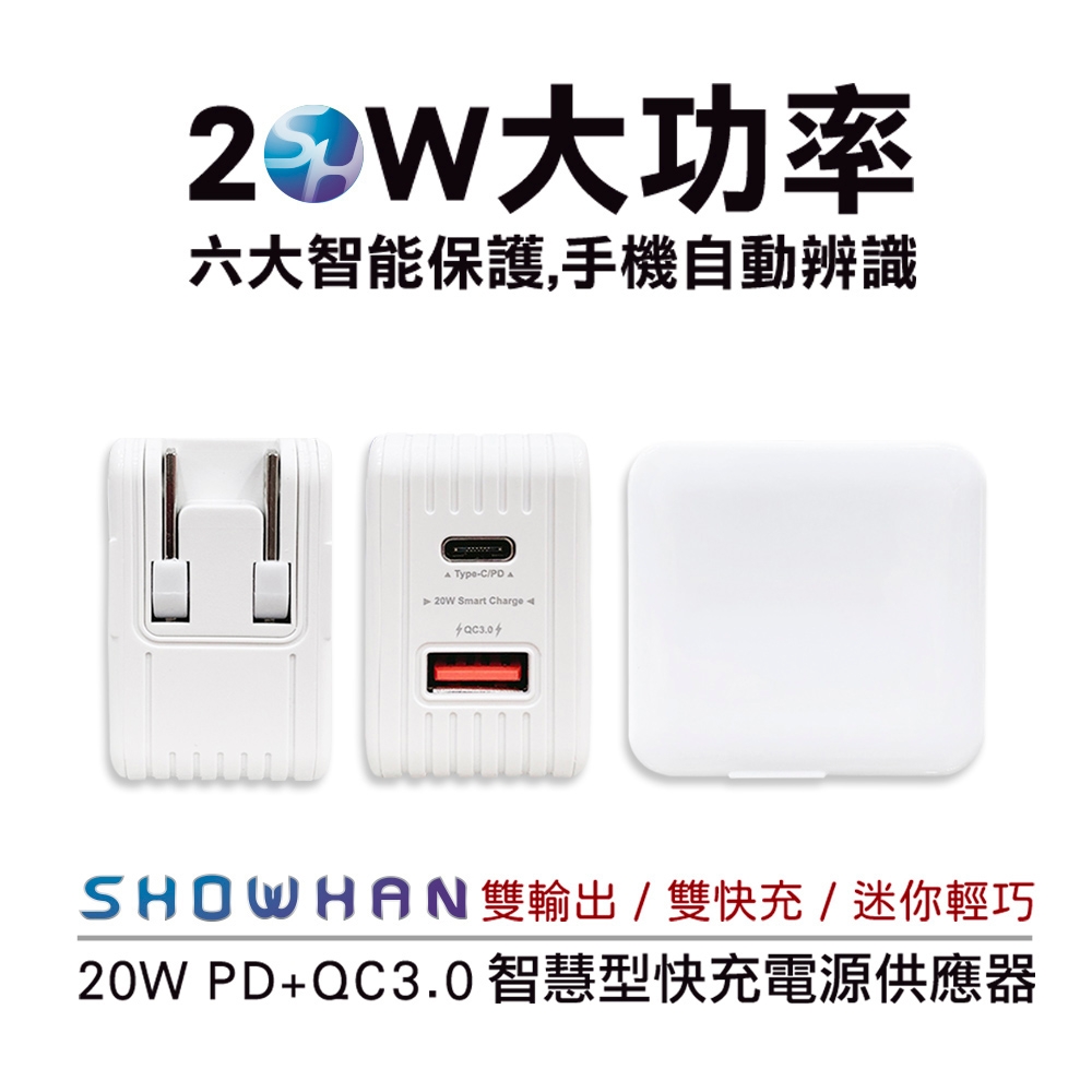 SHOWHAN 20W PD+QC3.0 折疊 雙輸出 智慧型快充電源供應器