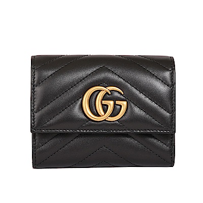 GUCCI Marmont 斜紋復古金屬LOGO 三折釦式短夾(黑色)