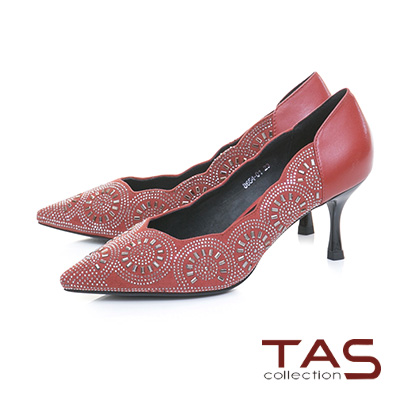 TAS水鑽波浪曲線麂皮拼接尖頭高跟鞋-熱情紅