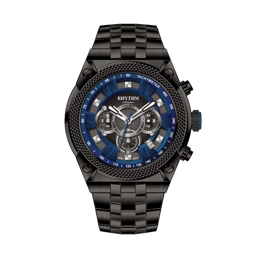 RHYTHM日本麗聲 撞色藝術防水100米三眼日期顯示石英不鏽鋼腕錶-黑藍/53mm