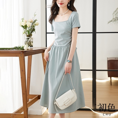 初色 簡約方領法式赫本風抽繩收腰顯瘦休閒短袖連身裙中長裙洋裝-藍色-69949(M-2XL可選)