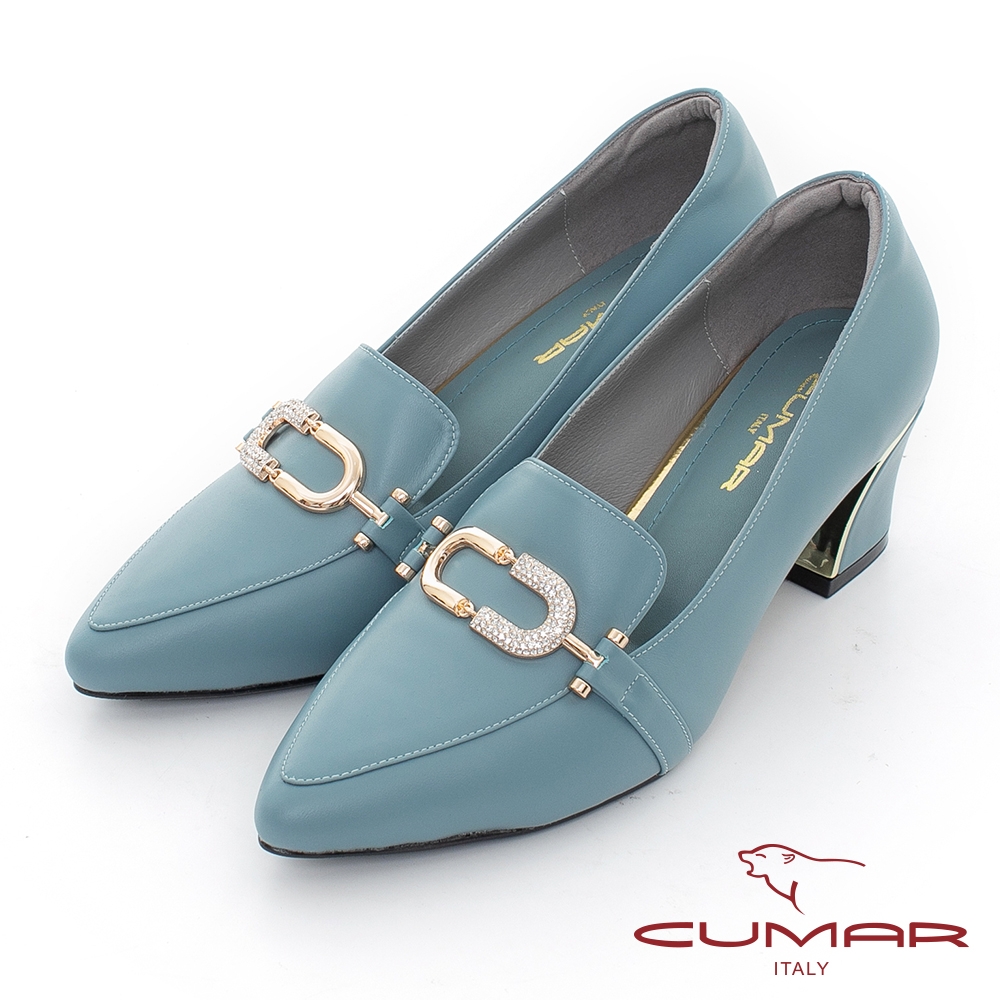 【CUMAR】尖頭鑽飾粗跟樂福鞋-藍