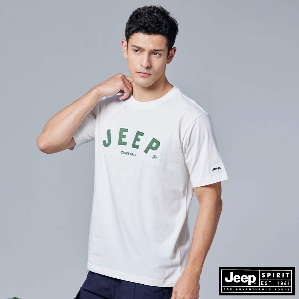 JEEP 男裝 品牌LOGO貼布繡短袖T恤-白色