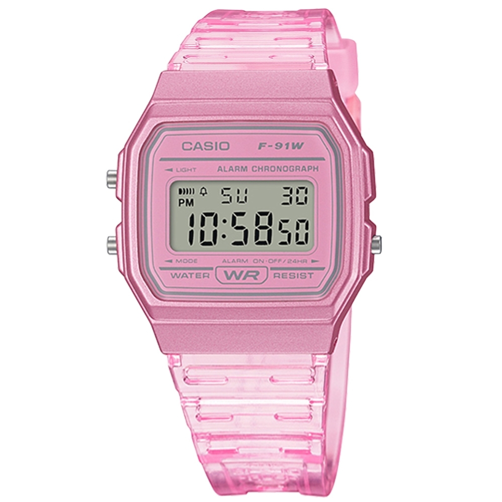 CASIO 卡西歐 方形造型 果凍漸層 電子液晶 手錶 半透明粉色 F-91WS-4 35mm