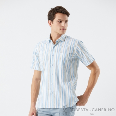 【ROBERTA 諾貝達】男裝 純棉藍條紋短袖襯衫(奧地利素材 台灣製)