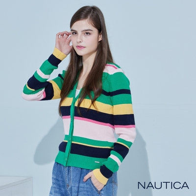 Nautica女裝 多彩條紋開襟針織外套-綠色