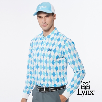 【Lynx Golf】男款吸濕排汗滿版菱格直條印花旗幟繡花長袖POLO衫/高爾夫球衫-水藍色