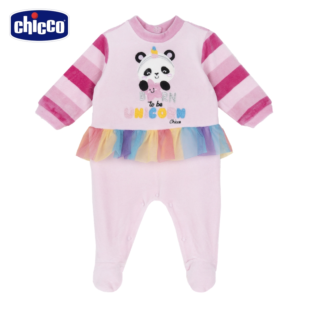 chicco-彩虹貓熊-剪毛絨條紋剪接荷葉後開兔裝