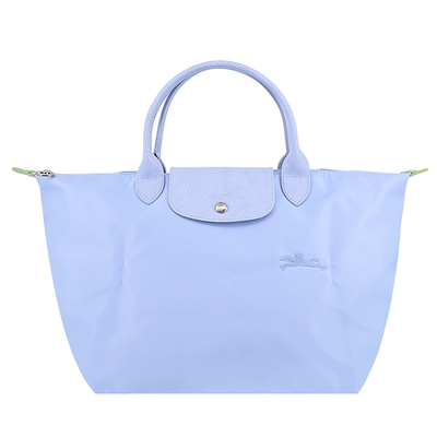 LONGCHAMP LE PLIAGE GREEN系列刺繡短把再生尼龍摺疊水餃包(中/天澄)