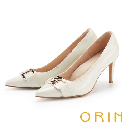 ORIN 質感造型飾釦真皮尖頭高跟鞋 白色