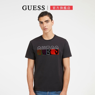 【GUESS】繩絨刺繡LOGO圓領修身短T-黑