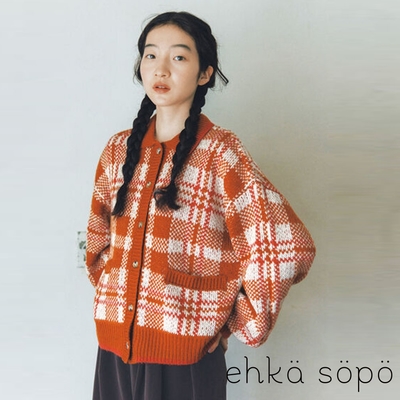 ehka sopo 復古配色格紋圖案襯衫領開襟針織罩衫