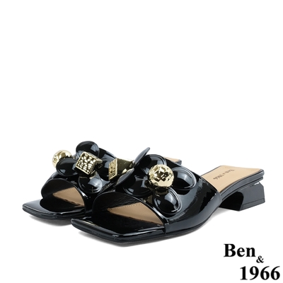 Ben&1966高級牛漆皮優雅造型花朵涼拖鞋-黑(226411)