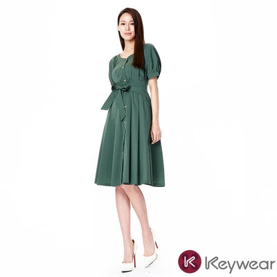 KeyWear奇威名品  公主袖綁帶短袖洋裝-綠色