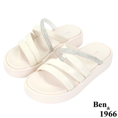 Ben&1966高級柔軟羊皮鑽條厚底涼拖鞋-米白(236502)