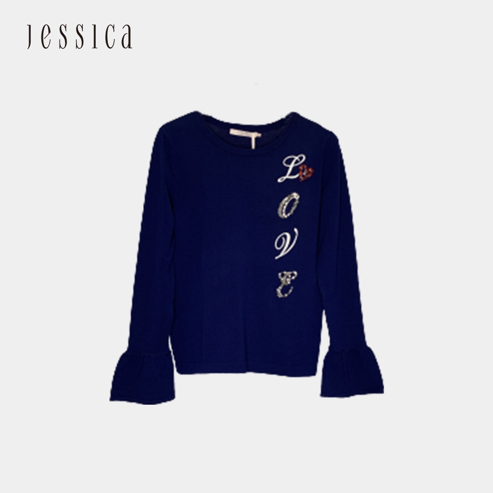 JESSICA - LOVE字樣造型袖口設計上衣（深藍）