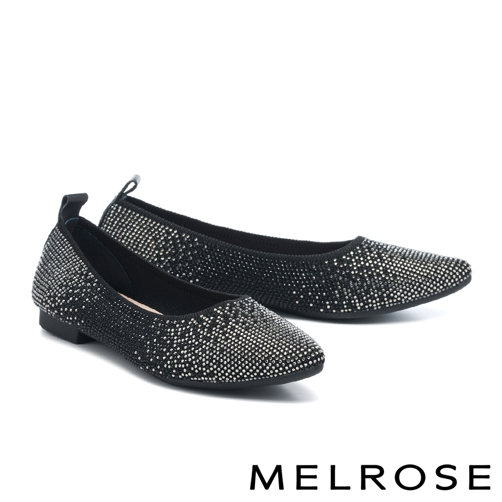 低跟鞋 MELROSE 美樂斯 華麗舒適雙色晶鑽飛織布尖頭低跟鞋－黑