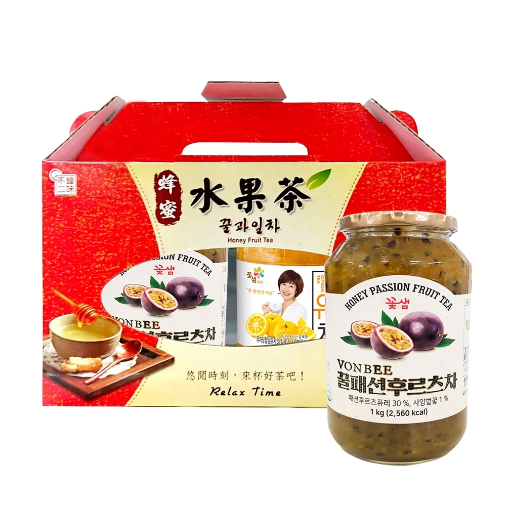 【韓味不二】韓國蜂蜜水果茶禮盒(柚子+百香果)(1kgx2入)