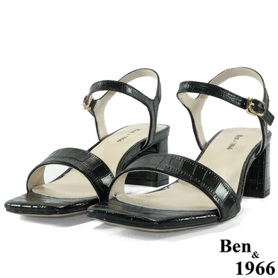 Ben&1966高級頭層牛皮流行經典粗跟壓紋涼鞋-黑(226081)