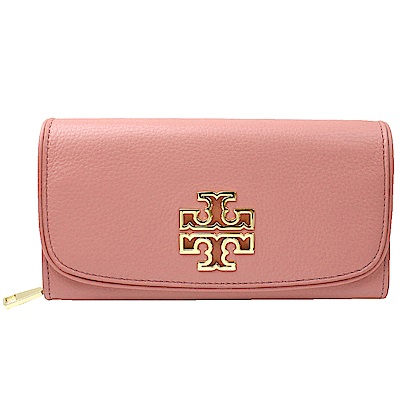 TORY BURCH  金屬LOGO 荔枝紋全皮革翻蓋壓扣長夾(粉色)