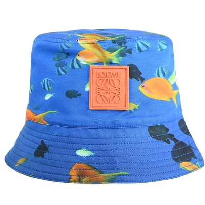 LOEWE 撞色浮雕LOGO海洋印花帆布漁夫帽/遮陽帽(海水藍)