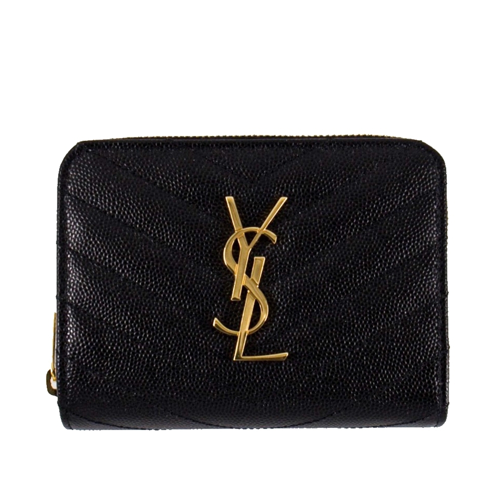 YSL 經典LOGO山形紋短夾/拉鍊錢包 (黑色 x 金字) Monogram Saint Laurent