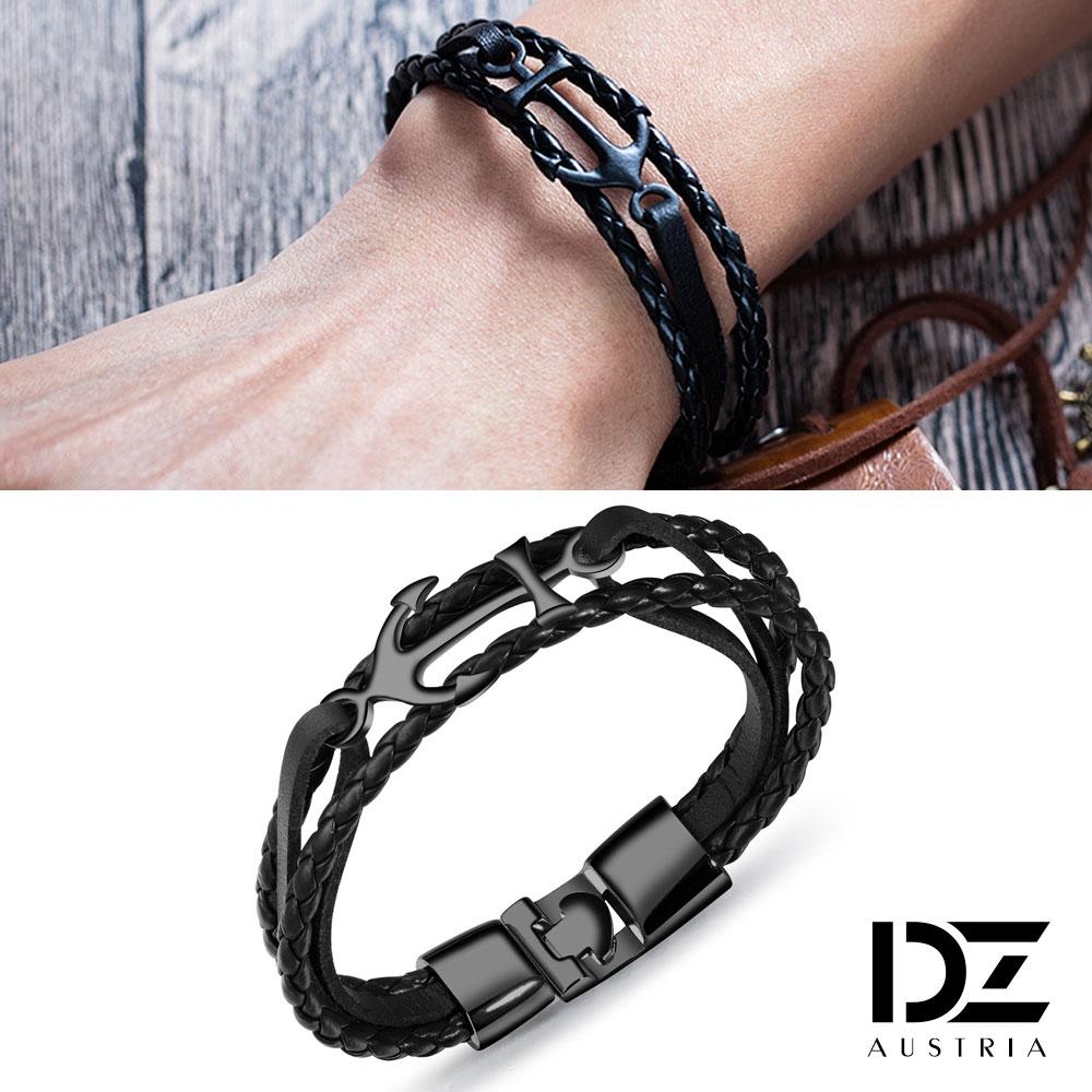 DZ 船錨飾編織 中性手環手鍊(黑革+黑錨系)