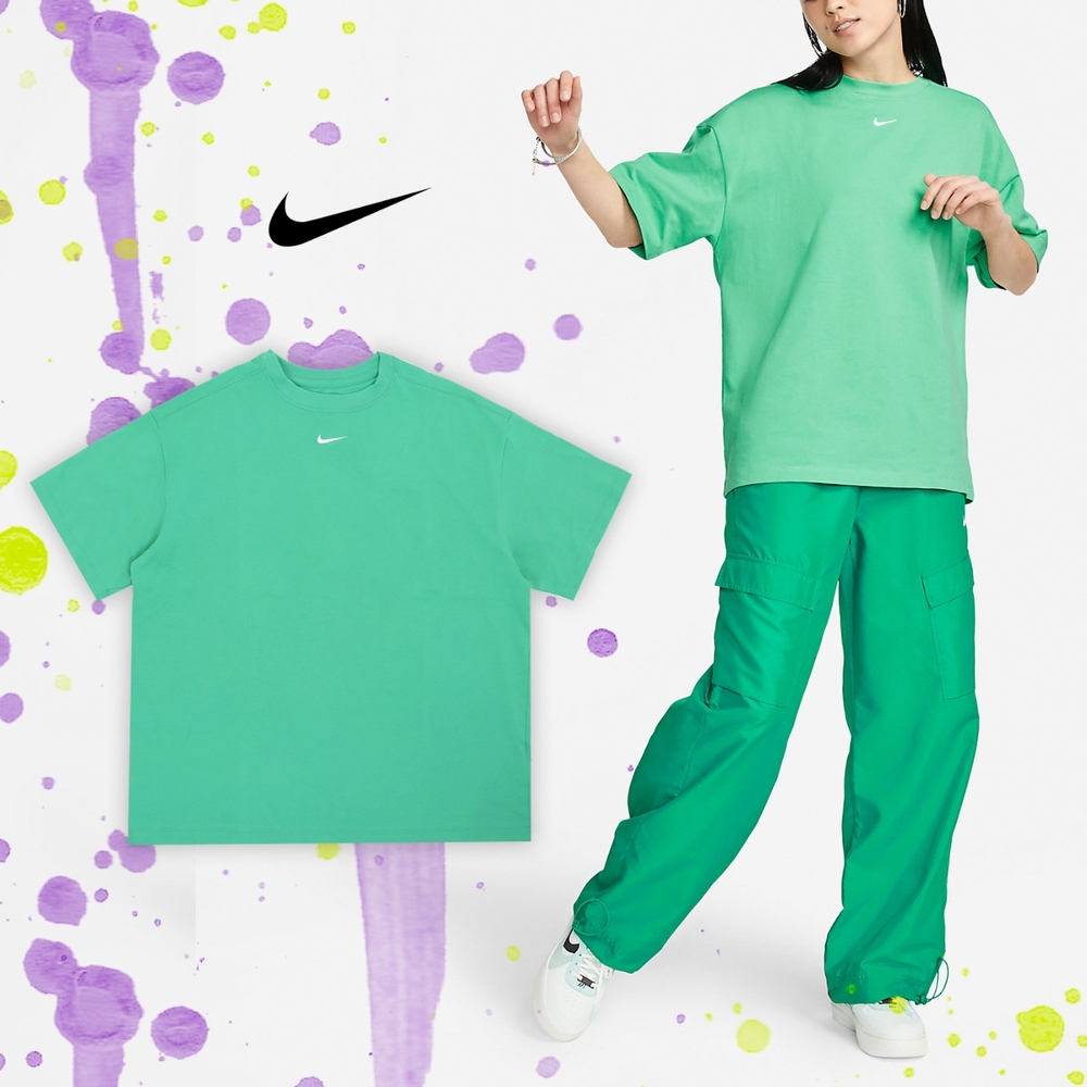 Nike 短袖 NSW Essential 女款 綠 刺繡 小LOGO 寬鬆 重磅 落肩 素T 短T 小勾 DX7911-363