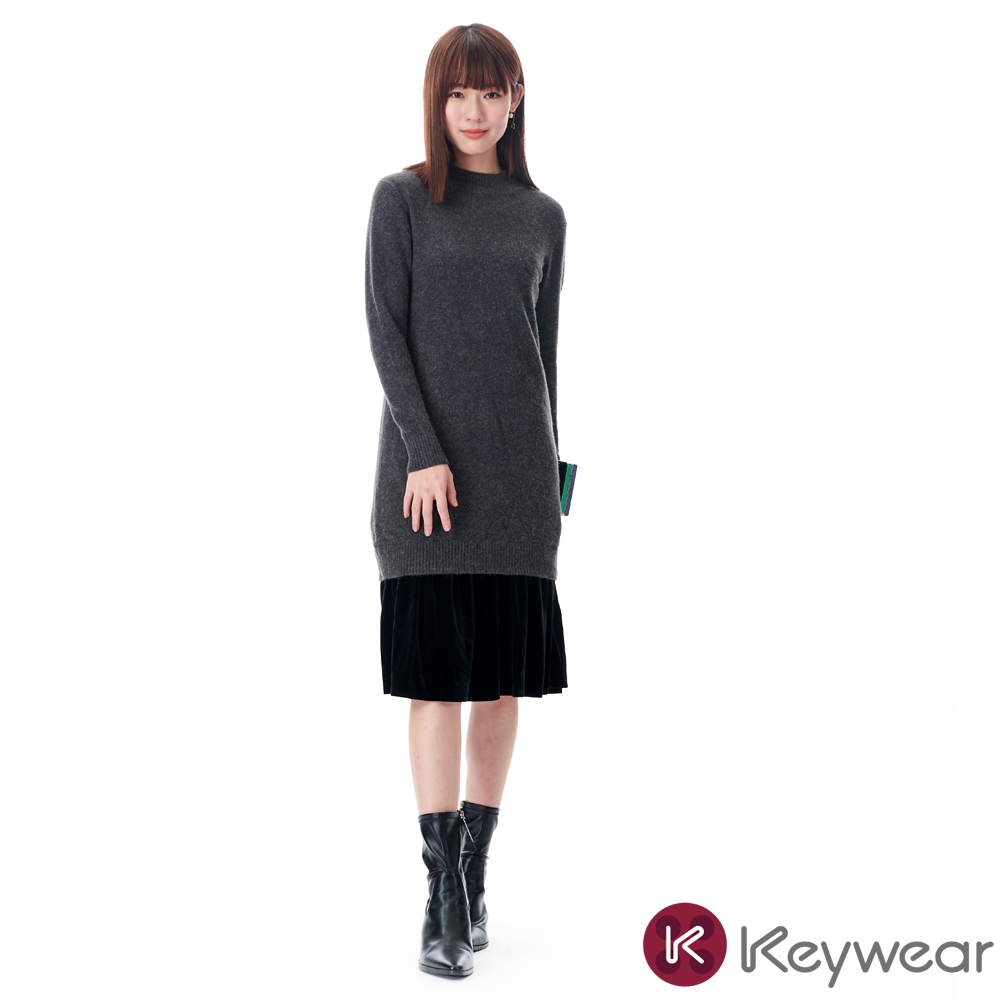 KeyWear奇威名品    慵懶拼接長袖針織洋裝-深灰色