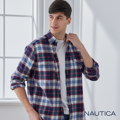 Nautica 男裝 率性休閒格紋長袖襯衫-紅