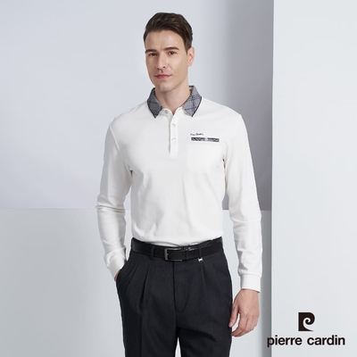 Pierre Cardin皮爾卡登 男款 棉質混紡素色長袖POLO衫-白色(5225293-90)